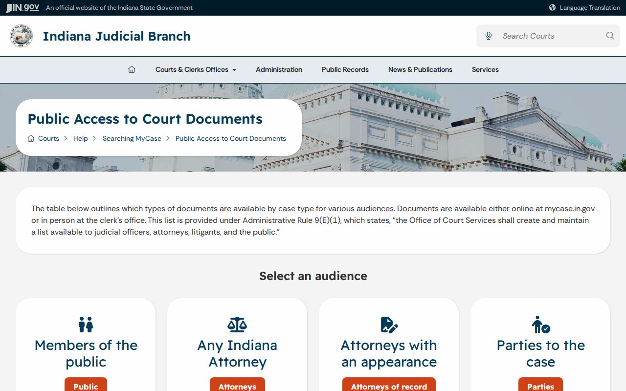 Indiana MyCase document access table by case type