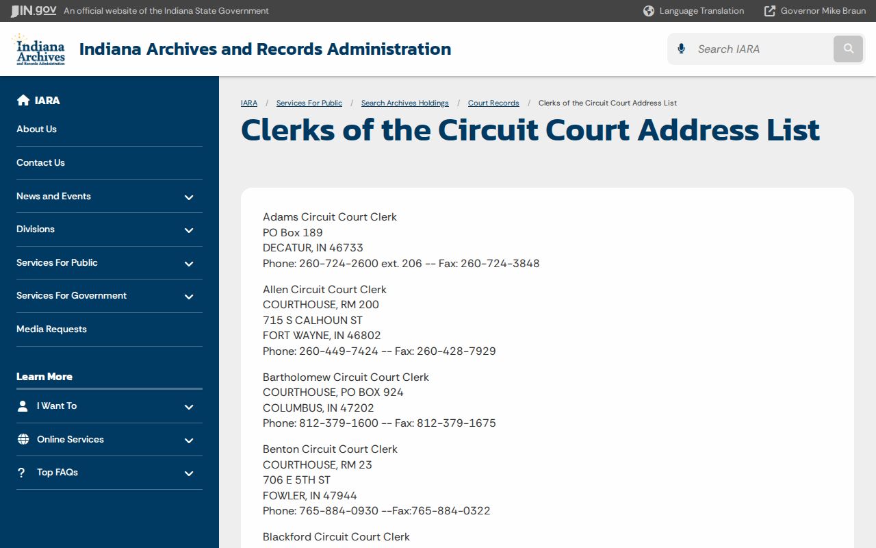 Indiana Archives circuit clerk address list
