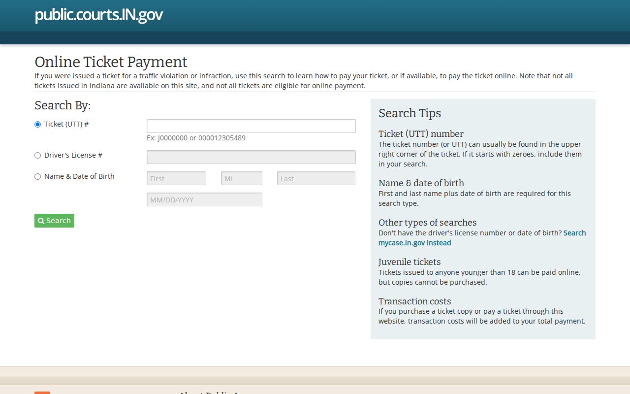 Indiana ticket payment portal search modes
