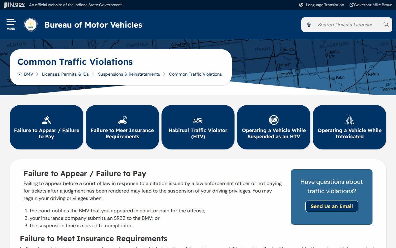 Indiana BMV failure to appear and failure to pay guidance