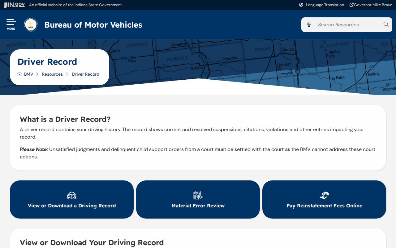 Indiana BMV driver record options